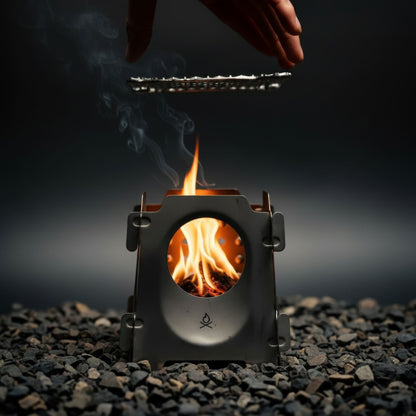 The Stöker Stove by Überleben in Titanium with grate and fire.
