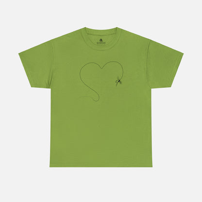 A green t-shirt on white background featuring a hand-drawn illustration of a fly and line forming the shape of a heart. The perfect design for anyone who loves to fish.