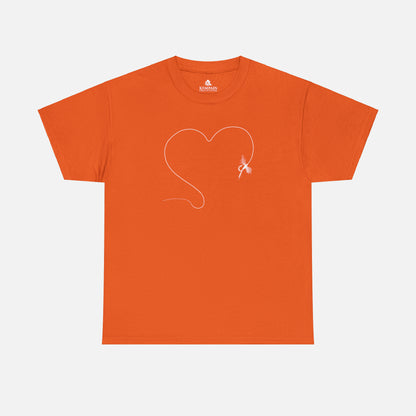 A orange t-shirt on white background featuring a hand-drawn illustration of a fly and line forming the shape of a heart. The perfect design for anyone who loves to fish.