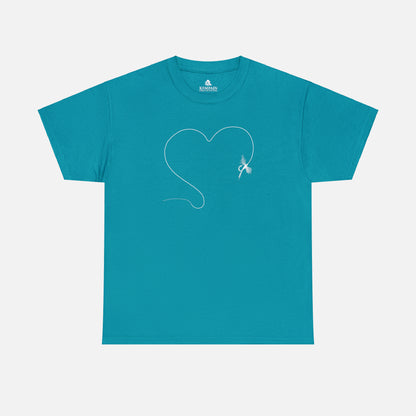 A blue t-shirt on white background featuring a hand-drawn illustration of a fly and line forming the shape of a heart. The perfect design for anyone who loves to fish.