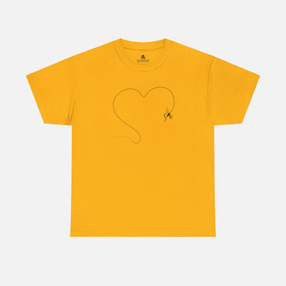 A yellow t-shirt on white background featuring a hand-drawn illustration of a fly and line forming the shape of a heart. The perfect design for anyone who loves to fish.