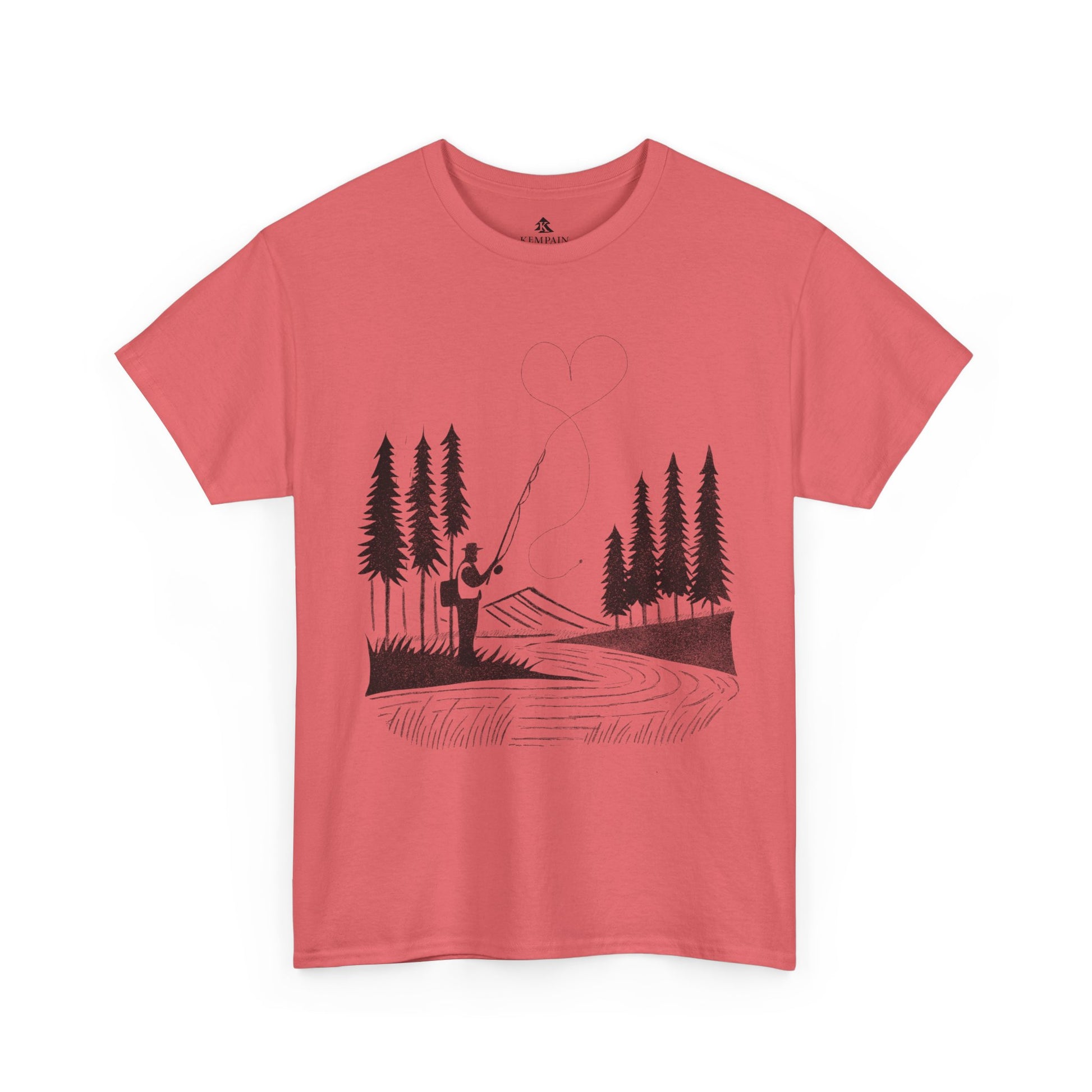 Fly Fishing T-Shirt in coral on a white background, designed for fishermen who love nature and adventure.