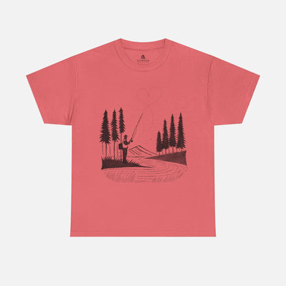 Fly Fishing T-Shirt in coral on a white background, designed for fishermen who love nature and adventure.