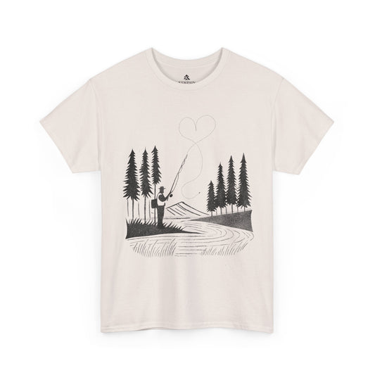 Fly Fishing T-Shirt in ice grey on a white background, designed for fishermen who love nature and adventure.