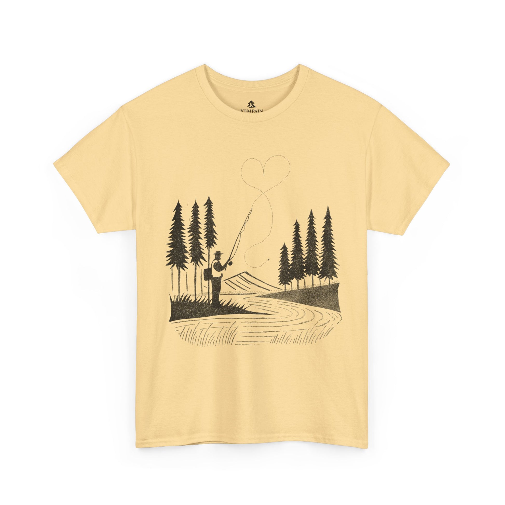 Fly Fishing T-Shirt in yellow on a white background, designed for fishermen who love nature and adventure.