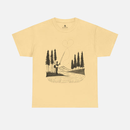 Fly Fishing T-Shirt in yellow on a white background, designed for fishermen who love nature and adventure.