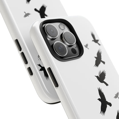 Close-up angled view of Flying Crows Silhouette Phone Case on white background, showcasing sharp detail of crow silhouettes and case texture.