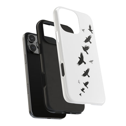 Exploded view of Flying Crows Silhouette Phone Case on white background, displaying durable outer shell and inner rubber liner for full protection.