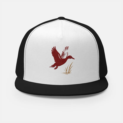 Front of flying duck trucker hat showing flying duck embroidery design.