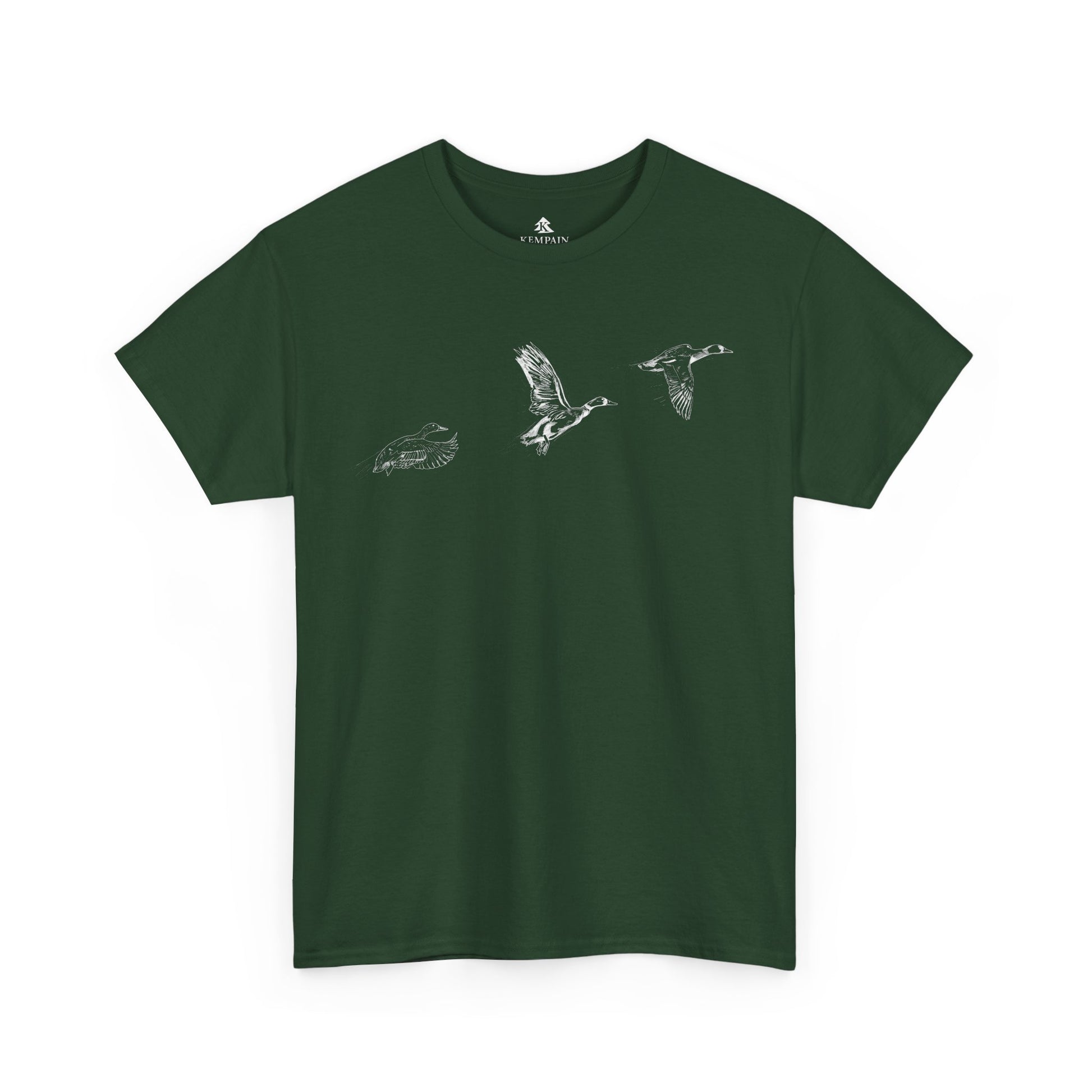 Three flying ducks silhouette on a green t-shirt on white background.