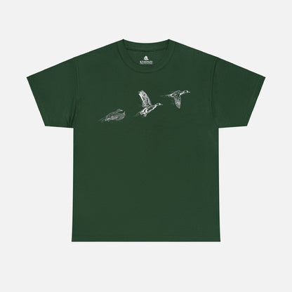 Three flying ducks silhouette on a green t-shirt on white background.