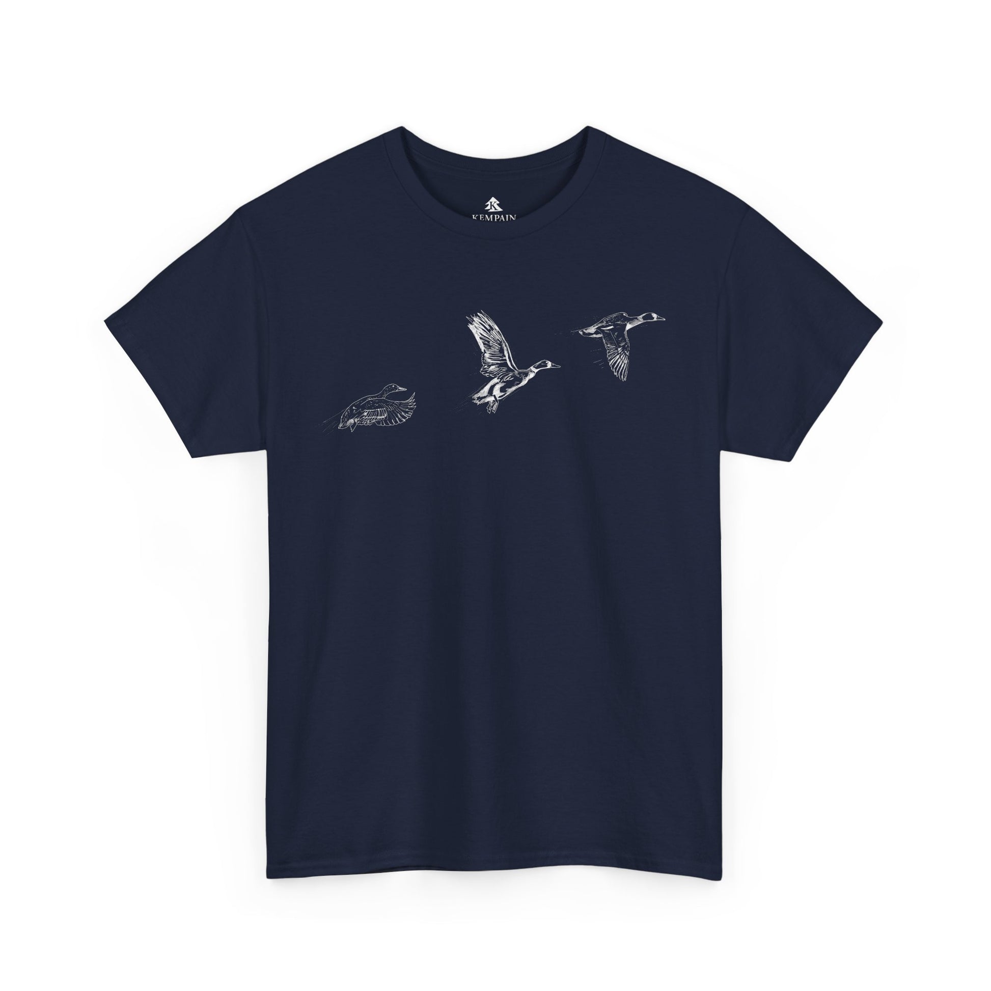 Three flying ducks silhouette on a navy blue t-shirt on white background.