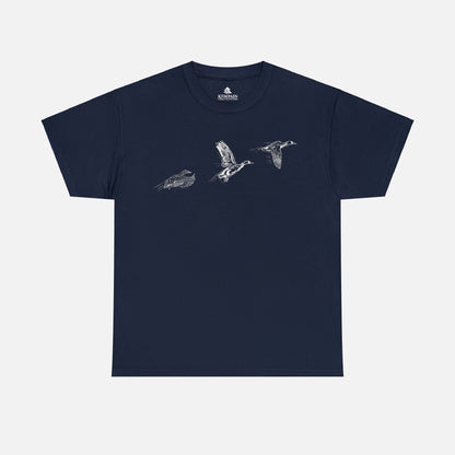 Three flying ducks silhouette on a navy blue t-shirt on white background.