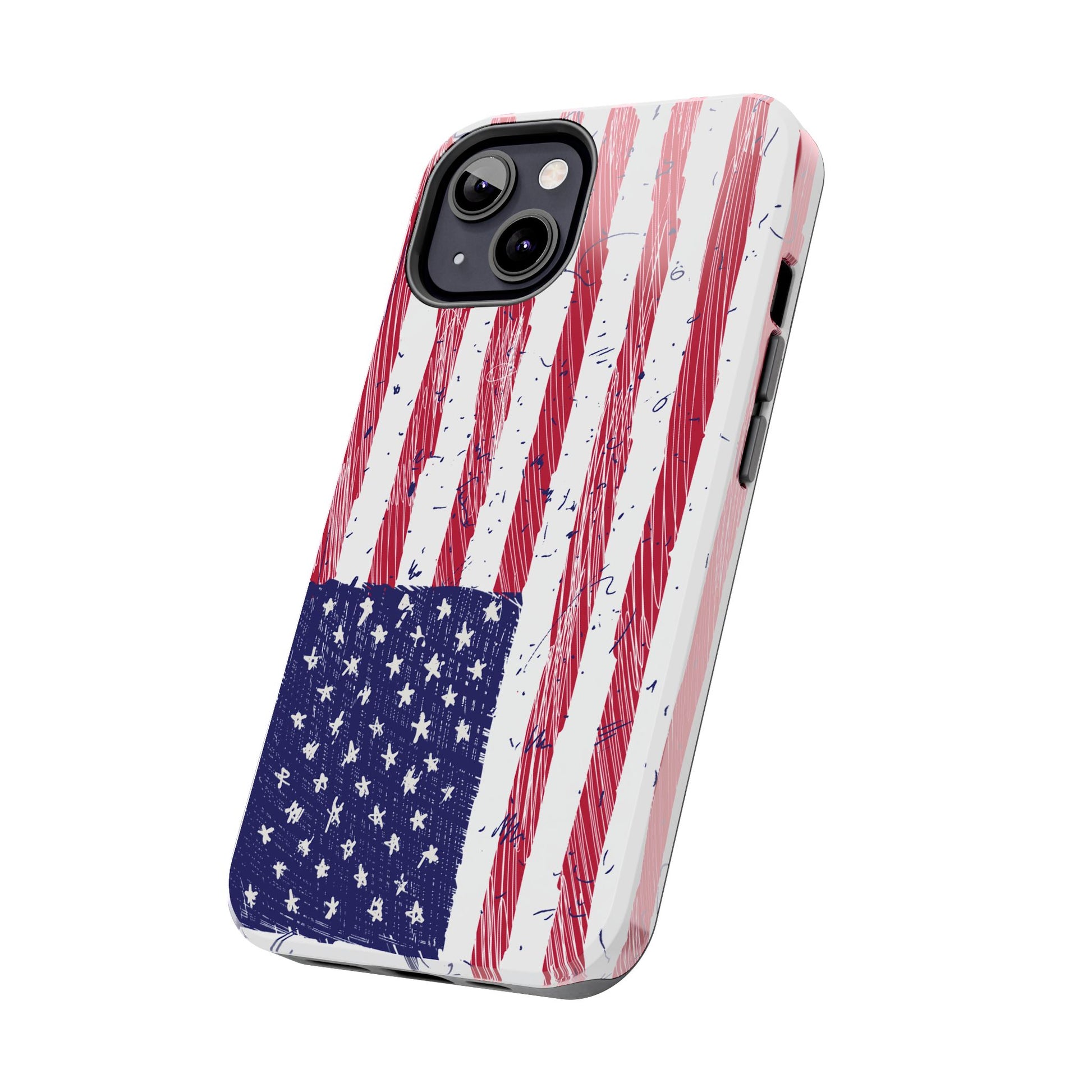 Front view of an iPhone and Samsung phone case featuring an illustrated American flag design, offering a patriotic and stylish look for your device.