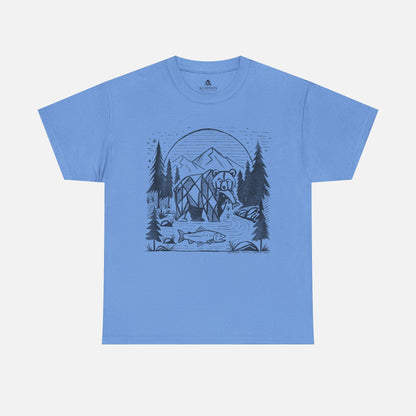 Geometric Bear & Salmon T-Shirt in blue on a white background, showcasing a nature-inspired design for hikers, campers, and adventure lovers.