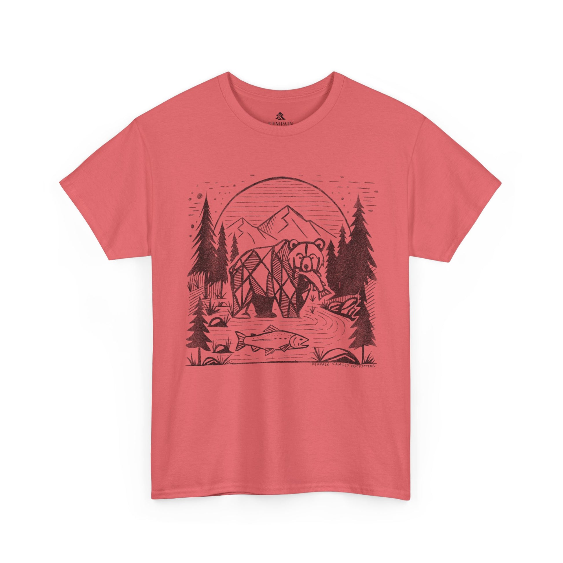 Geometric Bear & Salmon T-Shirt in coral on a white background, showcasing a nature-inspired design for hikers, campers, and adventure lovers.