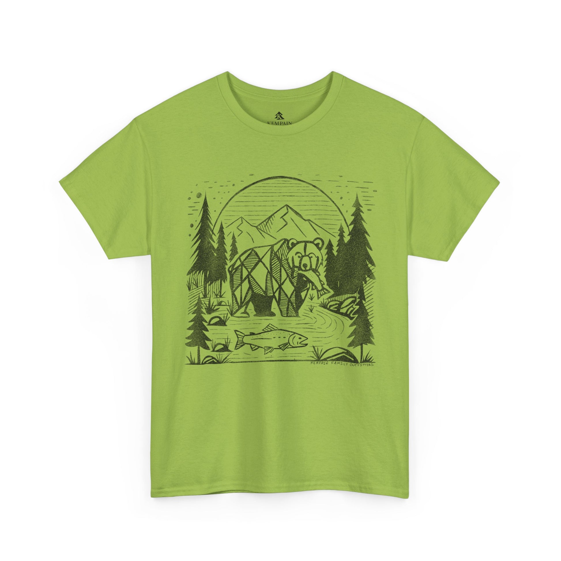 Geometric Bear & Salmon T-Shirt in green on a white background, showcasing a nature-inspired design for hikers, campers, and adventure lovers.
