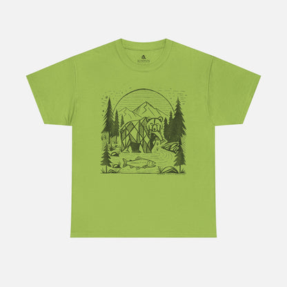 Geometric Bear & Salmon T-Shirt in green on a white background, showcasing a nature-inspired design for hikers, campers, and adventure lovers.