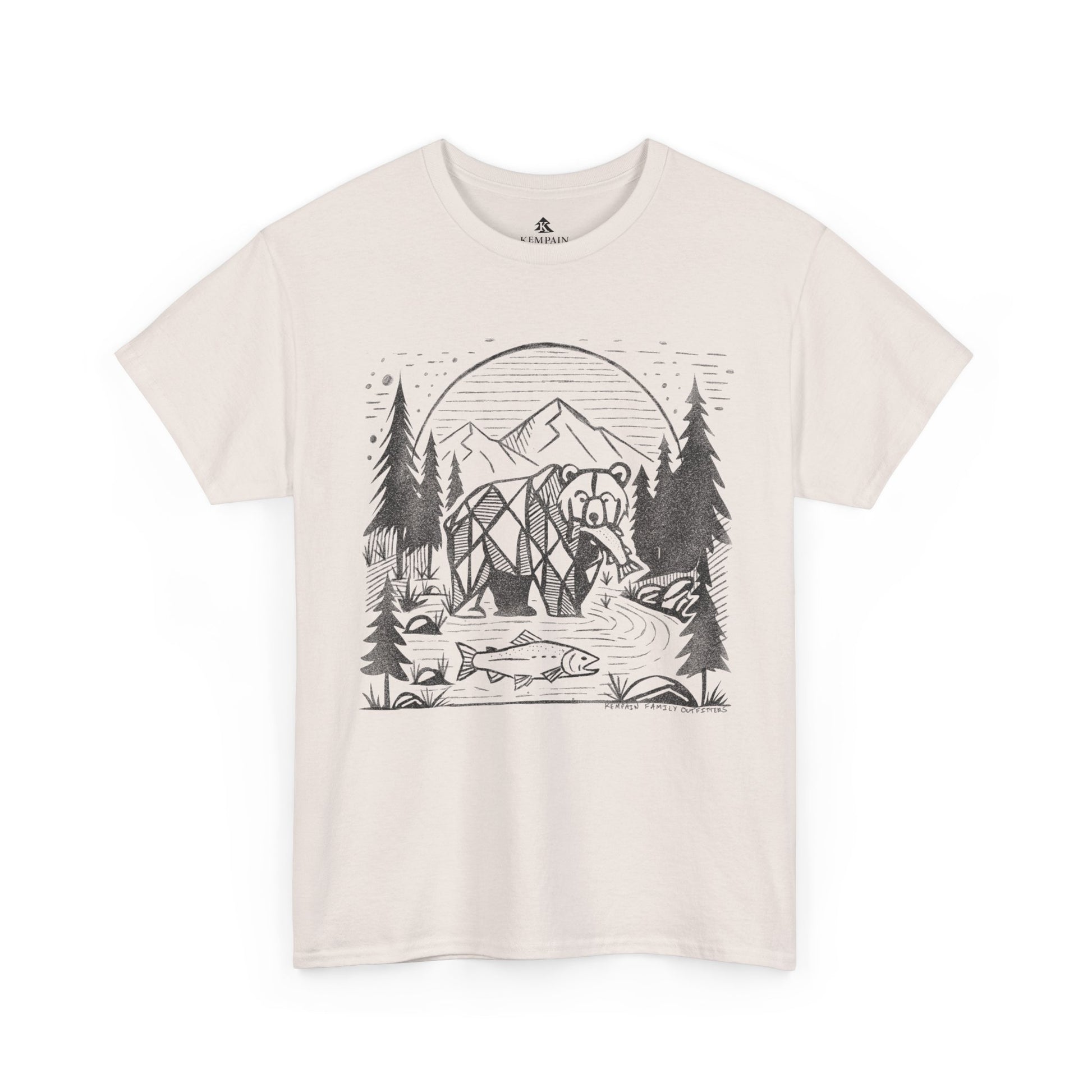 Geometric Bear & Salmon T-Shirt in ice grey on a white background, showcasing a nature-inspired design for hikers, campers, and adventure lovers.