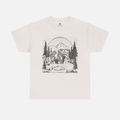 Geometric Bear & Salmon T-Shirt in ice grey on a white background, showcasing a nature-inspired design for hikers, campers, and adventure lovers.