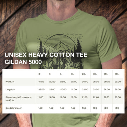 Size chart for Geometric Bear & Salmon T-Shirt, providing detailed measurements for a comfortable and relaxed fit.