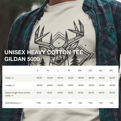 Size chart for the Geometric Buck Head T-Shirt, providing measurements for a perfect fit.