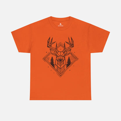 Geometric Buck Head T-Shirt laid flat on a white background in orange, featuring a detailed deer head illustration with pine trees for outdoor enthusiasts.