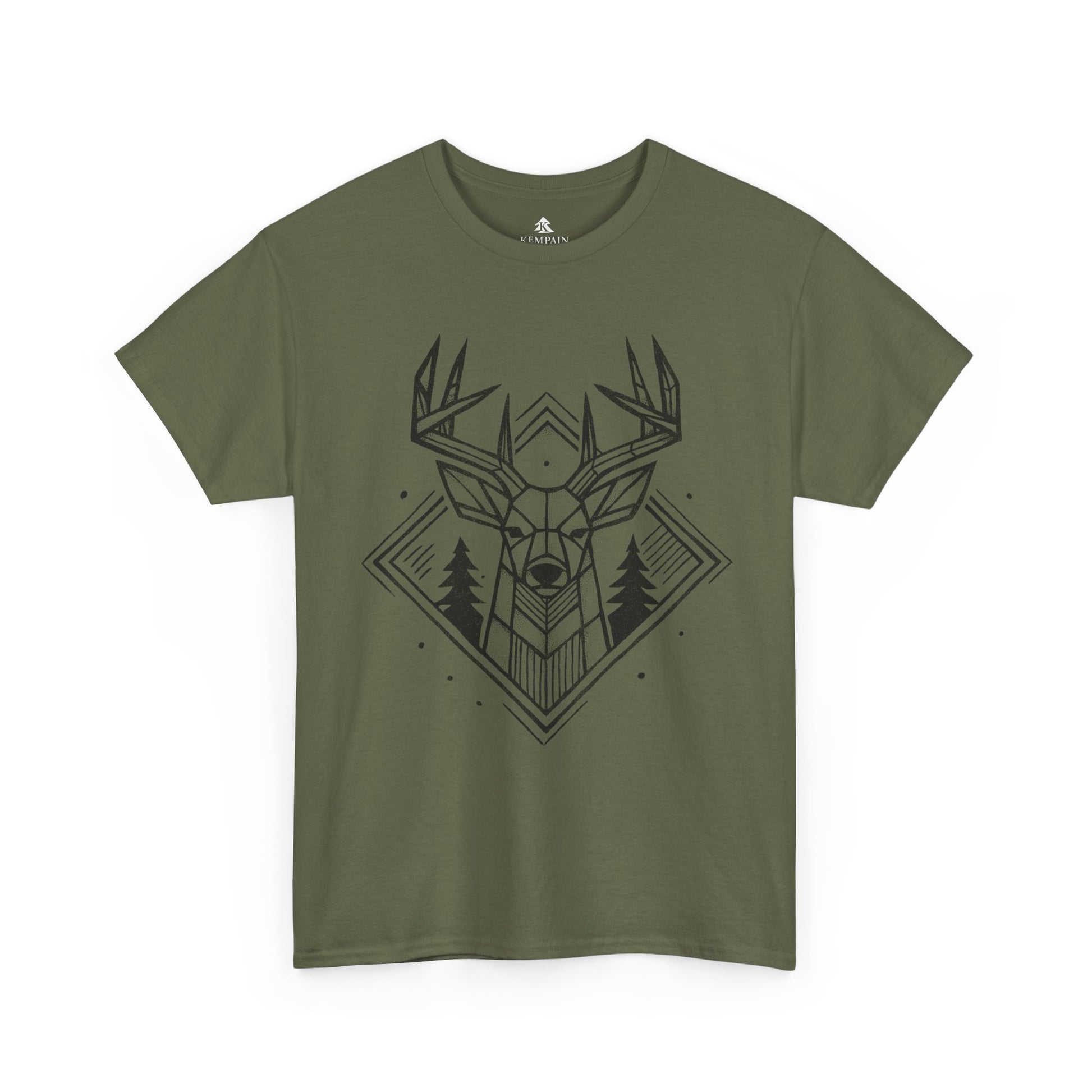 Geometric Buck Head T-Shirt laid flat on a white background in military green, featuring a detailed deer head illustration with pine trees for outdoor enthusiasts.