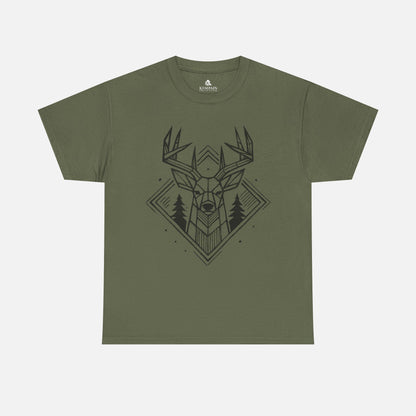 Geometric Buck Head T-Shirt laid flat on a white background in military green, featuring a detailed deer head illustration with pine trees for outdoor enthusiasts.