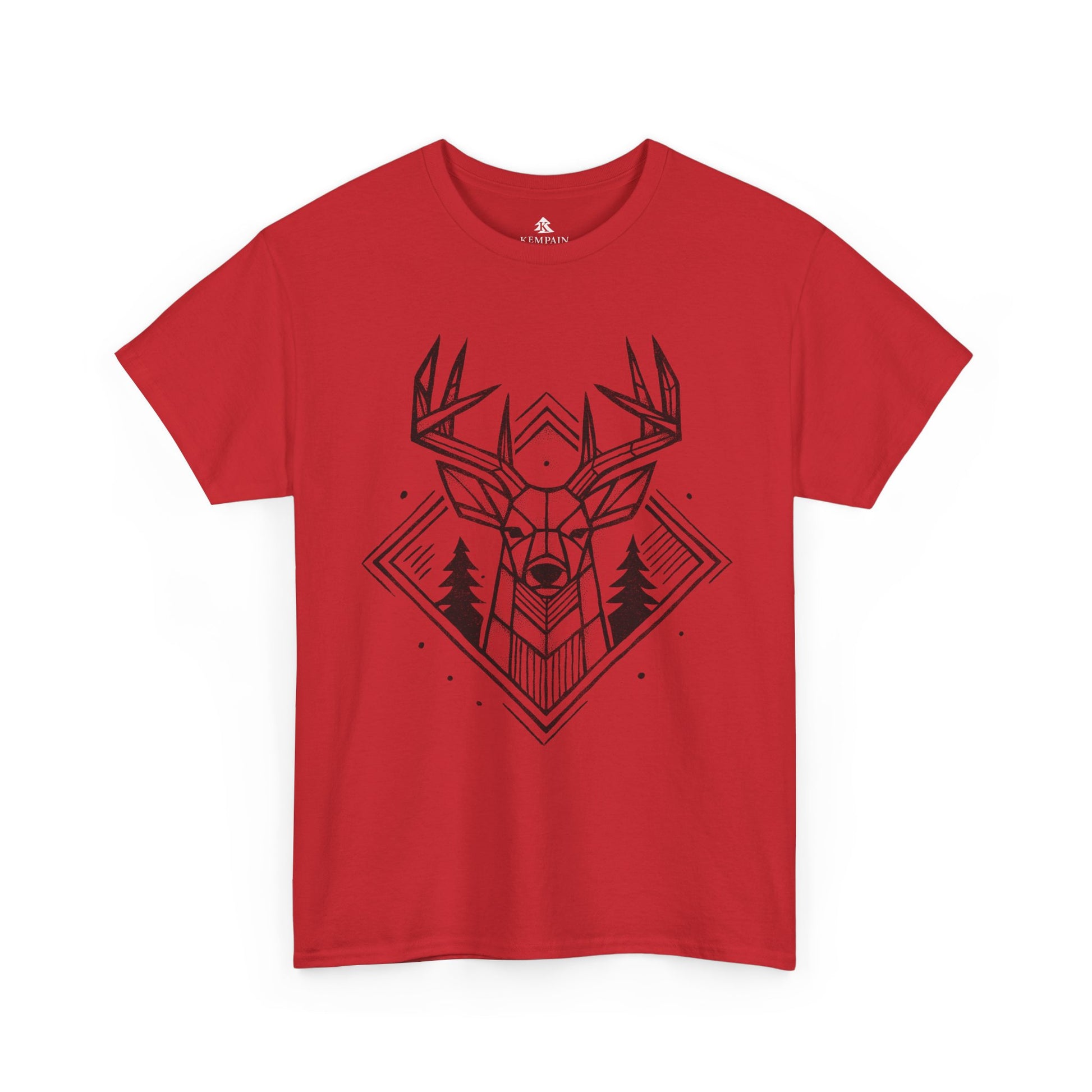 Geometric Buck Head T-Shirt laid flat on a white background in red, featuring a detailed deer head illustration with pine trees for outdoor enthusiasts.