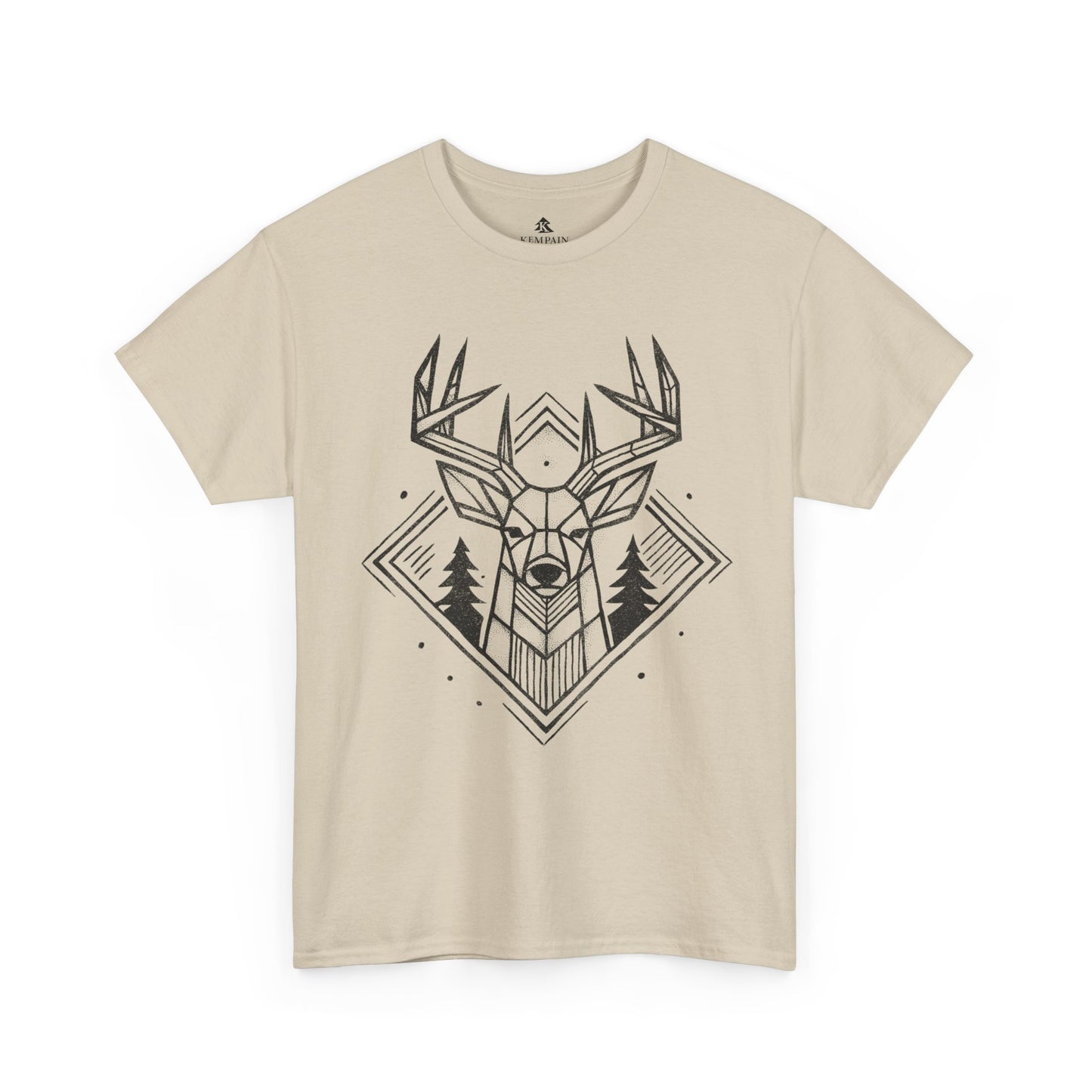 Geometric Buck Head T-Shirt laid flat on a white background in sand, featuring a detailed deer head illustration with pine trees for outdoor enthusiasts.