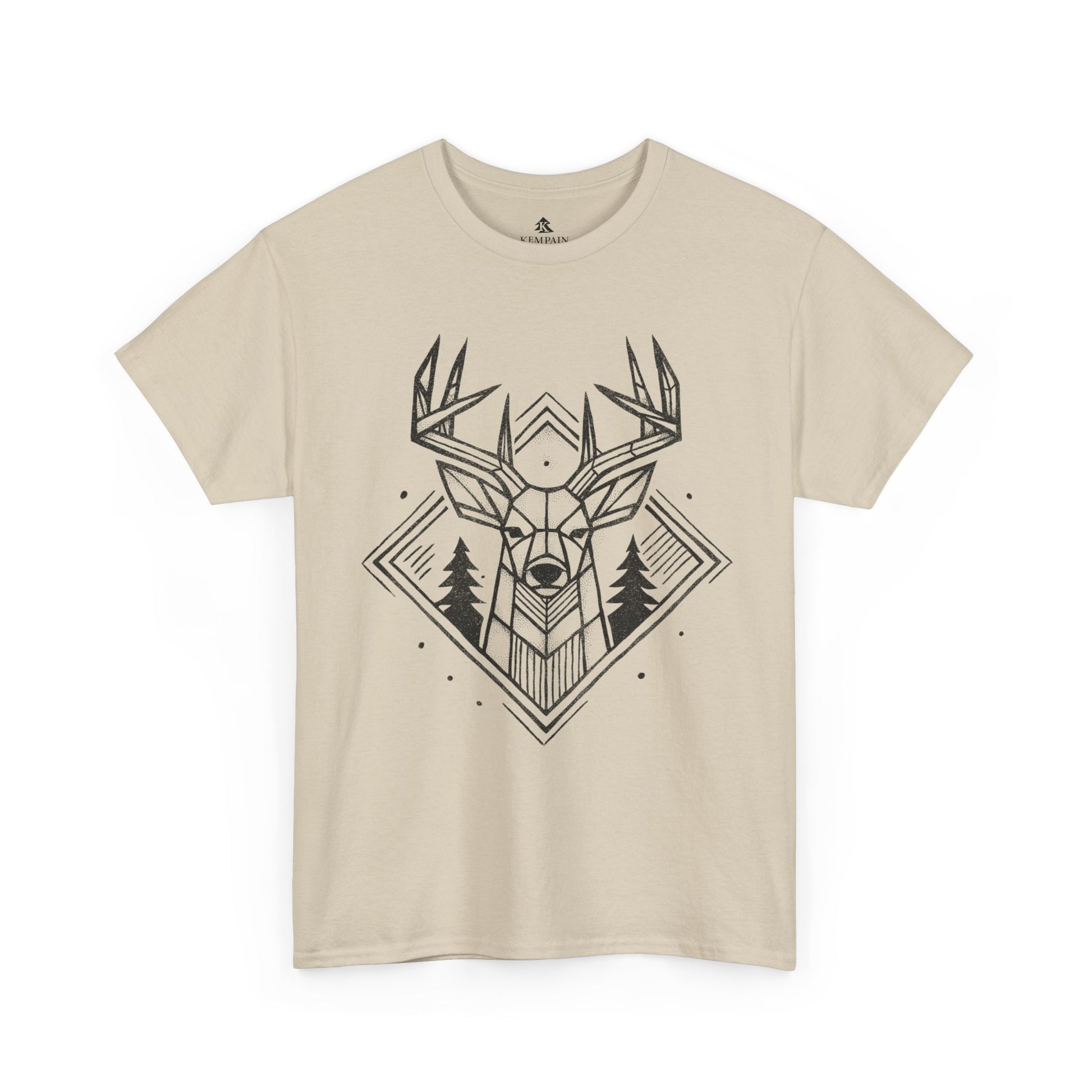 Geometric Buck Head T-Shirt laid flat on a white background in sand, featuring a detailed deer head illustration with pine trees for outdoor enthusiasts.