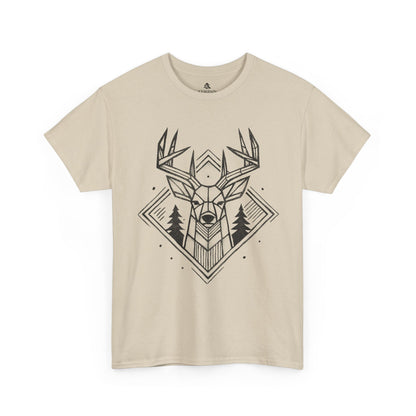 Geometric Buck Head T-Shirt laid flat on a white background in sand, featuring a detailed deer head illustration with pine trees for outdoor enthusiasts.