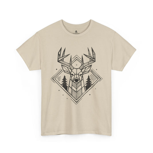 Geometric Buck Head T-Shirt laid flat on a white background in sand, featuring a detailed deer head illustration with pine trees for outdoor enthusiasts.