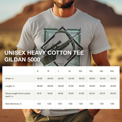 Size chart for the Geometric Crossbow T-Shirt, showing detailed measurements for the perfect fit.