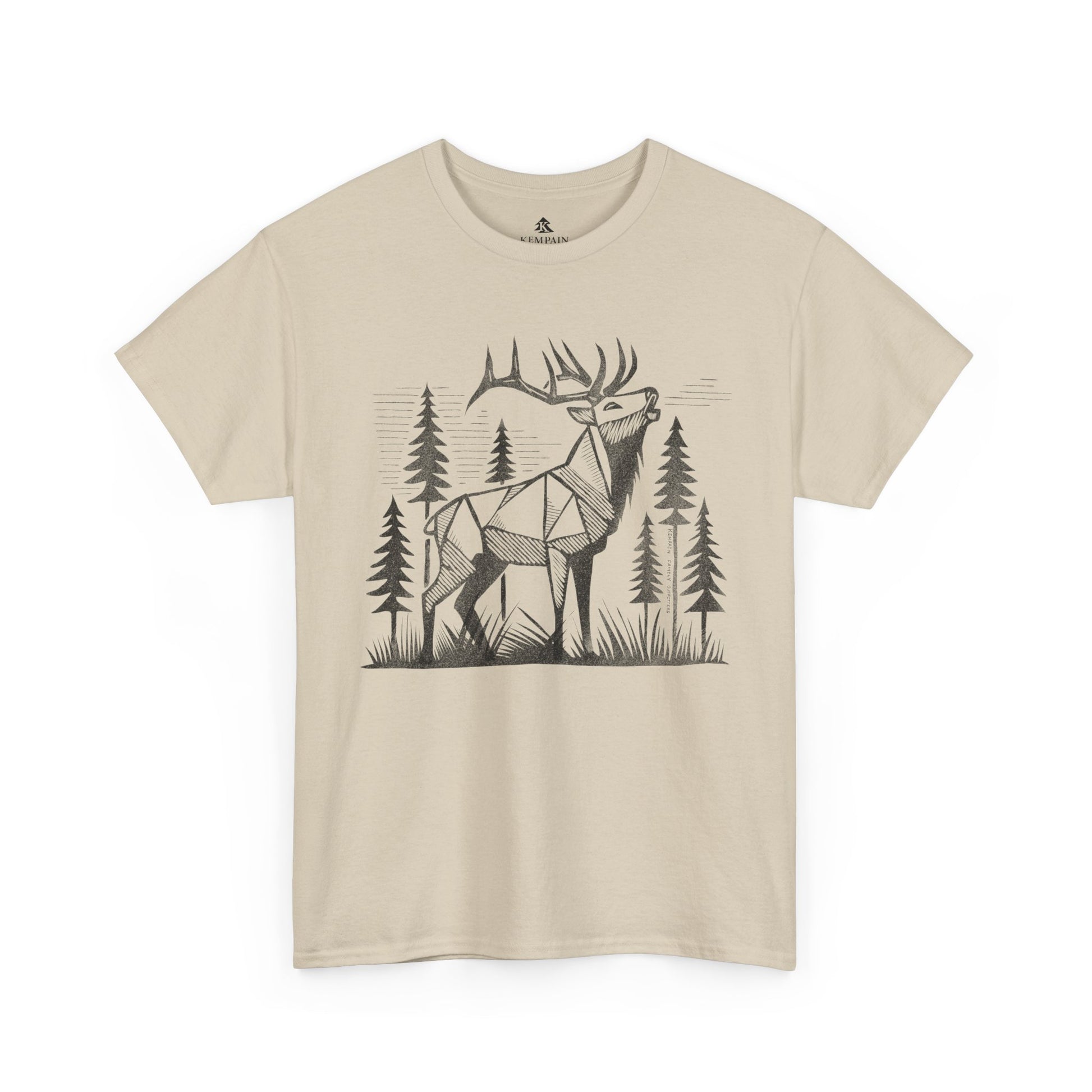 Geometric Elk T-Shirt in beige on a white background, showcasing a striking wildlife-inspired design for adventure seekers and elk admirers.