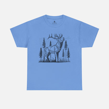Geometric Elk T-Shirt in blue on a white background, showcasing a striking wildlife-inspired design for adventure seekers and elk admirers.