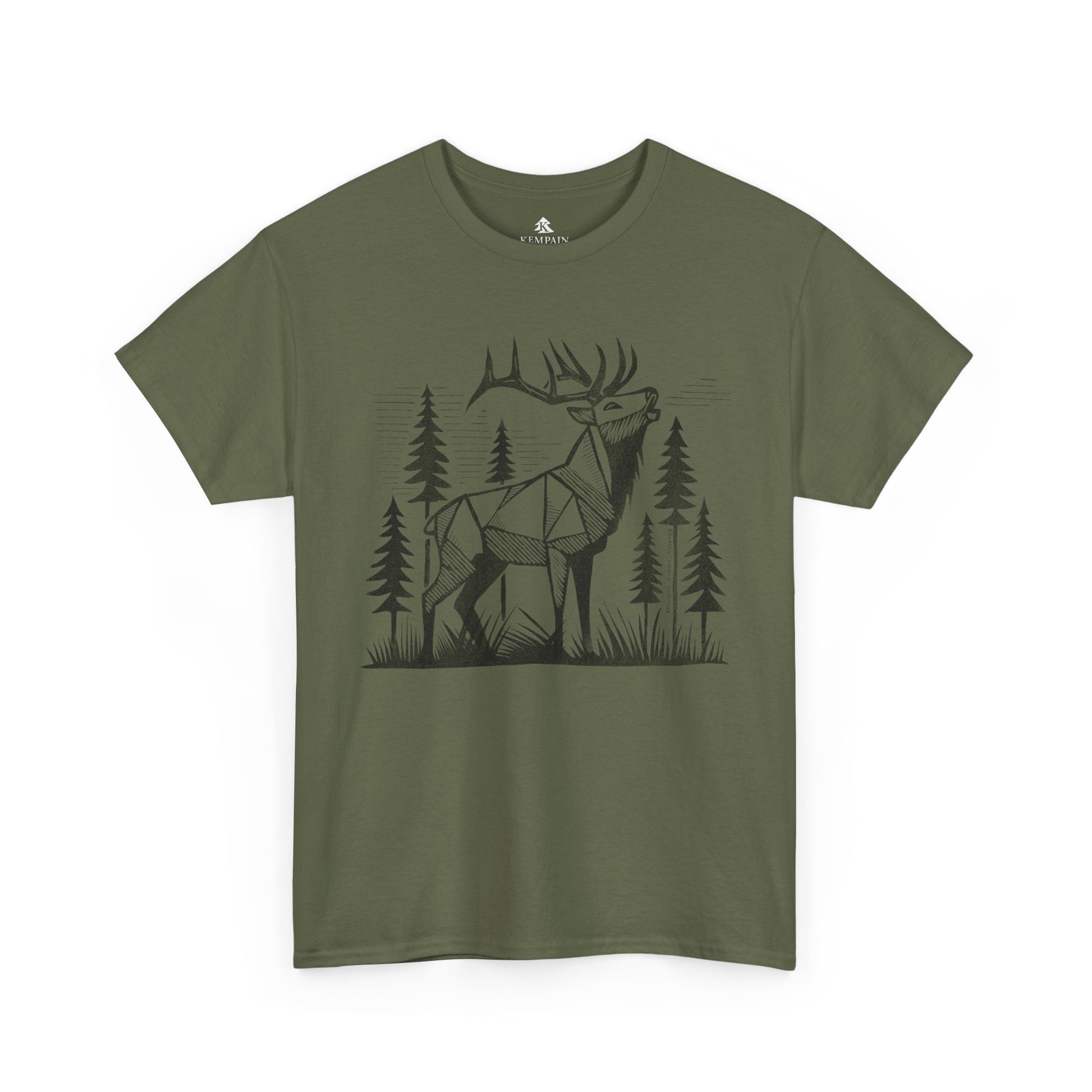 Geometric Elk T-Shirt in military green on a white background, showcasing a striking wildlife-inspired design for adventure seekers and elk admirers.
