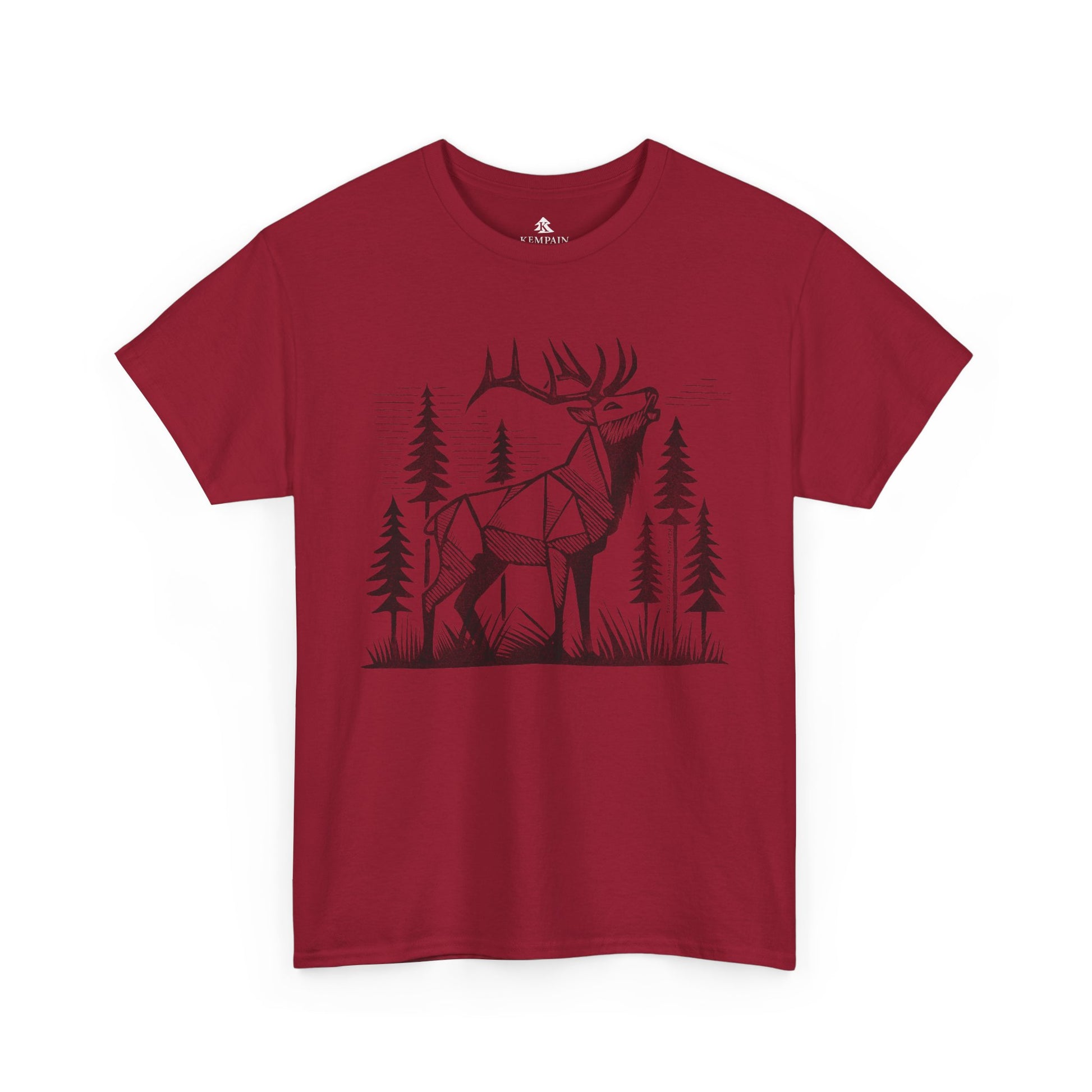 Geometric Elk T-Shirt in red on a white background, showcasing a striking wildlife-inspired design for adventure seekers and elk admirers.