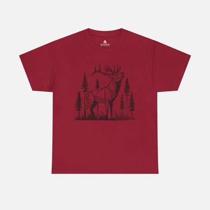 Geometric Elk T-Shirt in red on a white background, showcasing a striking wildlife-inspired design for adventure seekers and elk admirers.