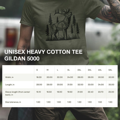 Size chart for Geometric Elk T-Shirt, providing detailed measurements for a comfortable and relaxed fit.