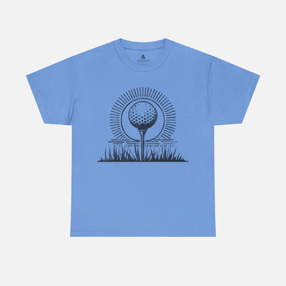 Geometric Golf Ball T-Shirt in blue on a white background, designed for golfers who love sporty and stylish apparel.