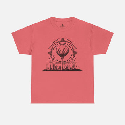 Geometric Golf Ball T-Shirt in  coral on a white background, designed for golfers who love sporty and stylish apparel.
