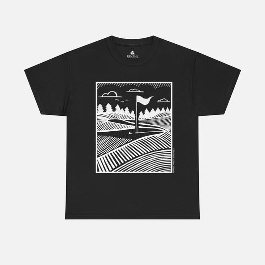 Geometric Golf Green T-Shirt laid flat on a white background in black, showcasing a stylish golf green design for golf lovers.