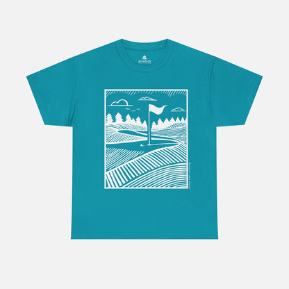 Geometric Golf Green T-Shirt laid flat on a white background in blue, showcasing a stylish golf green design for golf lovers.