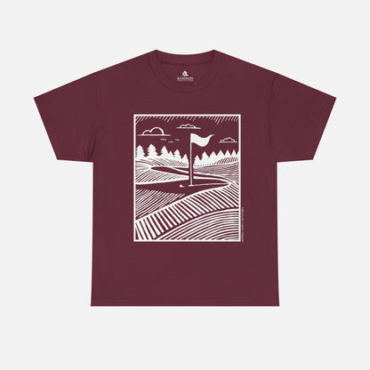 Geometric Golf Green T-Shirt laid flat on a white background in maroon, showcasing a stylish golf green design for golf lovers.