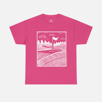 Geometric Golf Green T-Shirt laid flat on a white background in pink, showcasing a stylish golf green design for golf lovers.