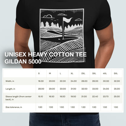 Size chart for the Geometric Golf Green T-Shirt, providing measurements for a comfortable and relaxed fit.