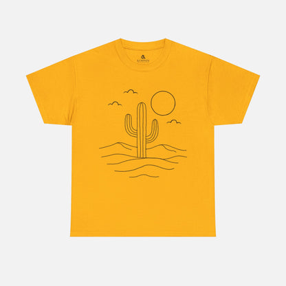 Gold Color Minimalist Desert Cactus Line Art T-Shirt displayed on white background, showing simple cactus, sun, and cloud illustration.