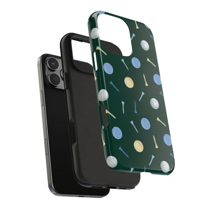 Exploded view of Golf Balls and Tees Phone Case showing the tough outer shell and shock-absorbing rubber liner built for everyday protection.